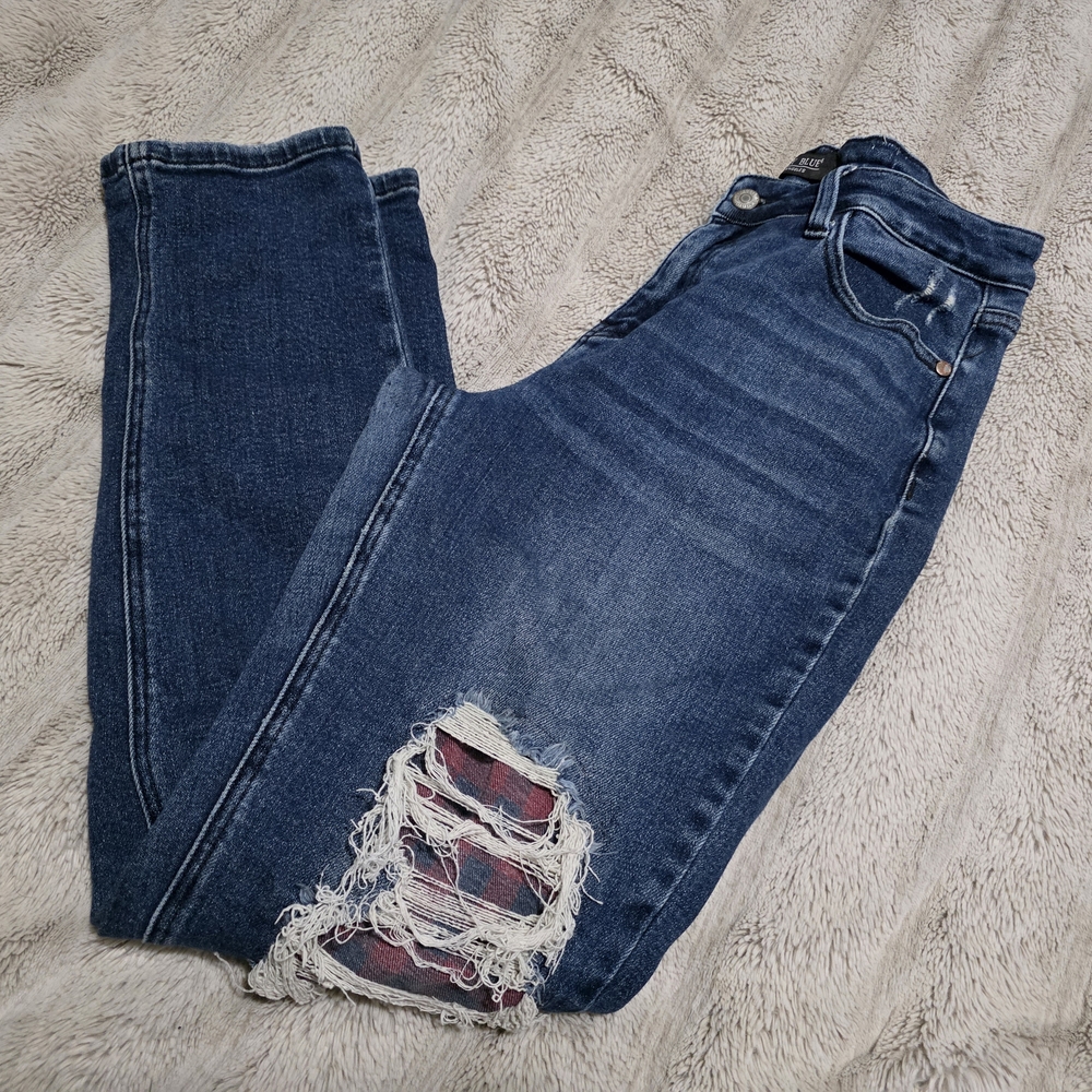 11/30 Judy Blue Dark Blue Straight Leg Jeans with Red Plaid Patch